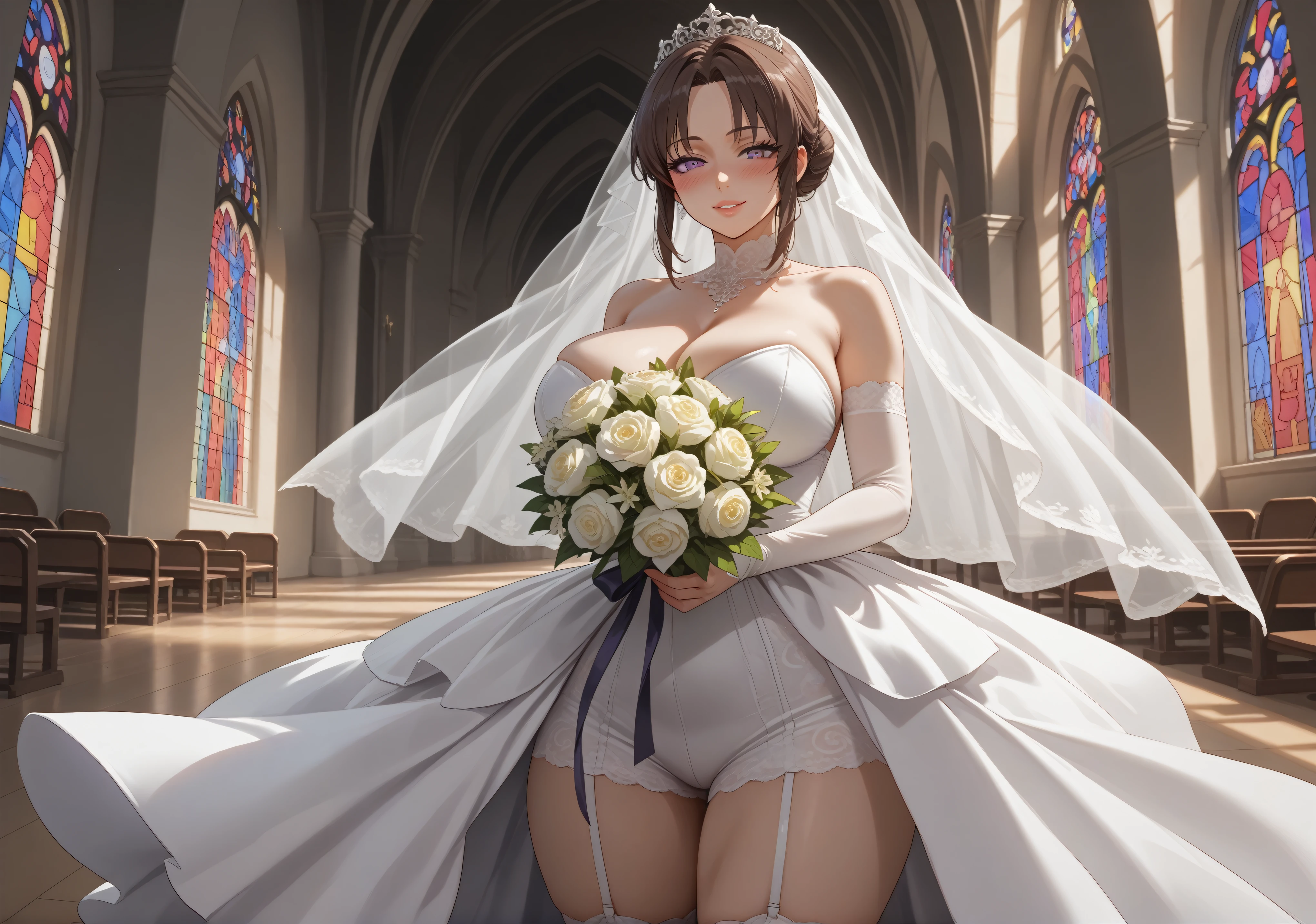 highly detailed skin, highly detailed face, (beautiful detailed eyes, red cheeks, smile), ((a girl stands)), The girl is a cute 18 year old bride, ((no panties, Cute, thin pubic hair)), (Not wearing a bra, small breasts, cute nipples), (pure white wedding dress), ((white heel shoes)), white tights, short skirt, Mr.々hair color, flower hair ornament, earrings, White lace gloves, The Veil of the Bride, bride tiara, beautiful necklace, church chapel, A blizzard of falling flowers, ((Photographed from the front so that the girl&#39;s whole body is included)),
