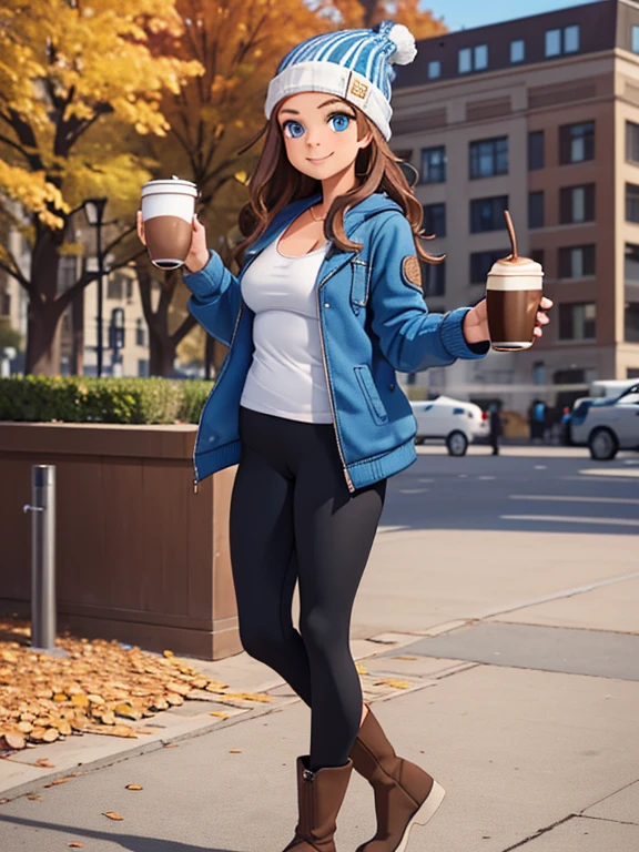 (masterpiece:1.2), best quality, high resolution, unity 8k wallpaper, (illustration:0.8), (beautiful detailed eyes:1.6), extremely detailed face, perfect lighting, extremely detailed CG, (perfect hands, perfect anatomy), 1girl, solo, long wavy brown hair, blue eyes. (holding a coffee cup filled with Latte:1.3). (Wearing: Blue beanie, opened blue jacket, low-cut white tank-top, Lululemon branded black leggings and brown Ugg boots). Her appearance reflects her whimsical and bubbly personality. She has a carefree smile on her face; she's standing. Background: City Park, the autumn season.