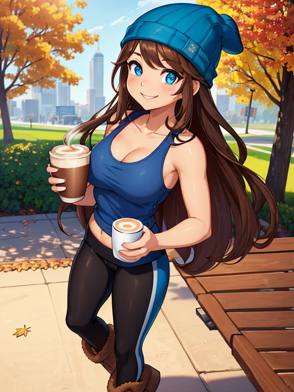 (masterpiece:1.2), best quality, high resolution, unity 8k wallpaper, (illustration:0.8), (beautiful detailed eyes:1.6), extremely detailed face, perfect lighting, extremely detailed CG, (perfect hands, perfect anatomy), 1girl, solo, long wavy brown hair, blue eyes. (holding a coffee cup filled with Latte:1.3). (Wearing: Blue beanie, opened blue jacket, low-cut white tank-top, Lululemon branded black leggings and brown Ugg boots). Her appearance reflects her whimsical and bubbly personality. She has a carefree smile on her face; she's standing. Background: City Park, the autumn season.