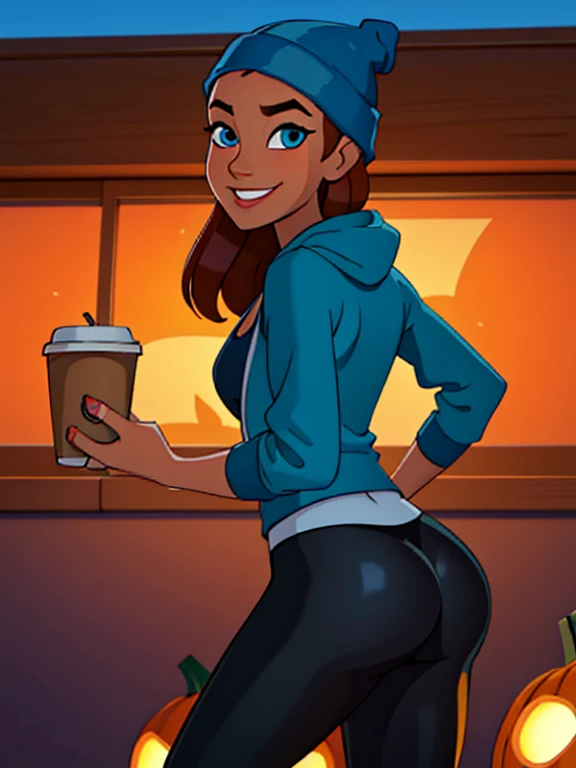 (masterpiece:1.2), best quality, high resolution, unity 8k wallpaper, (illustration:0.8), (beautiful detailed eyes:1.6), extremely detailed face, perfect lighting, extremely detailed CG, (perfect hands, perfect anatomy), 1girl, solo, long wavy brown hair, blue eyes. (holding a coffee cup filled with Pumpkin spice Latte:1.3). (Wearing: Blue beanie, opened blue jacket, baggy white tank-top, and Lululemon branded black leggings). She has a carefree smile on her face; she's standing. Background: City Park, the autumn season. Looking from behind, shot from behind, shea good view of her ass