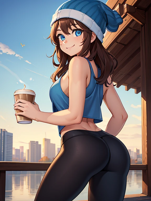 (masterpiece:1.2), best quality, high resolution, unity 8k wallpaper, (illustration:0.8), (beautiful detailed eyes:1.6), extremely detailed face, perfect lighting, extremely detailed CG, (perfect hands, perfect anatomy), 1girl, solo, long wavy brown hair, blue eyes. (holding a coffee cup filled with Latte:1.3). (Wearing: Blue beanie, opened blue jacket, baggy white tank-top, and Lululemon branded black leggings). She has a carefree smile on her face; she's standing. Background: City Park, the autumn season. Looking from behind, shot from behind, a good view of her ass
