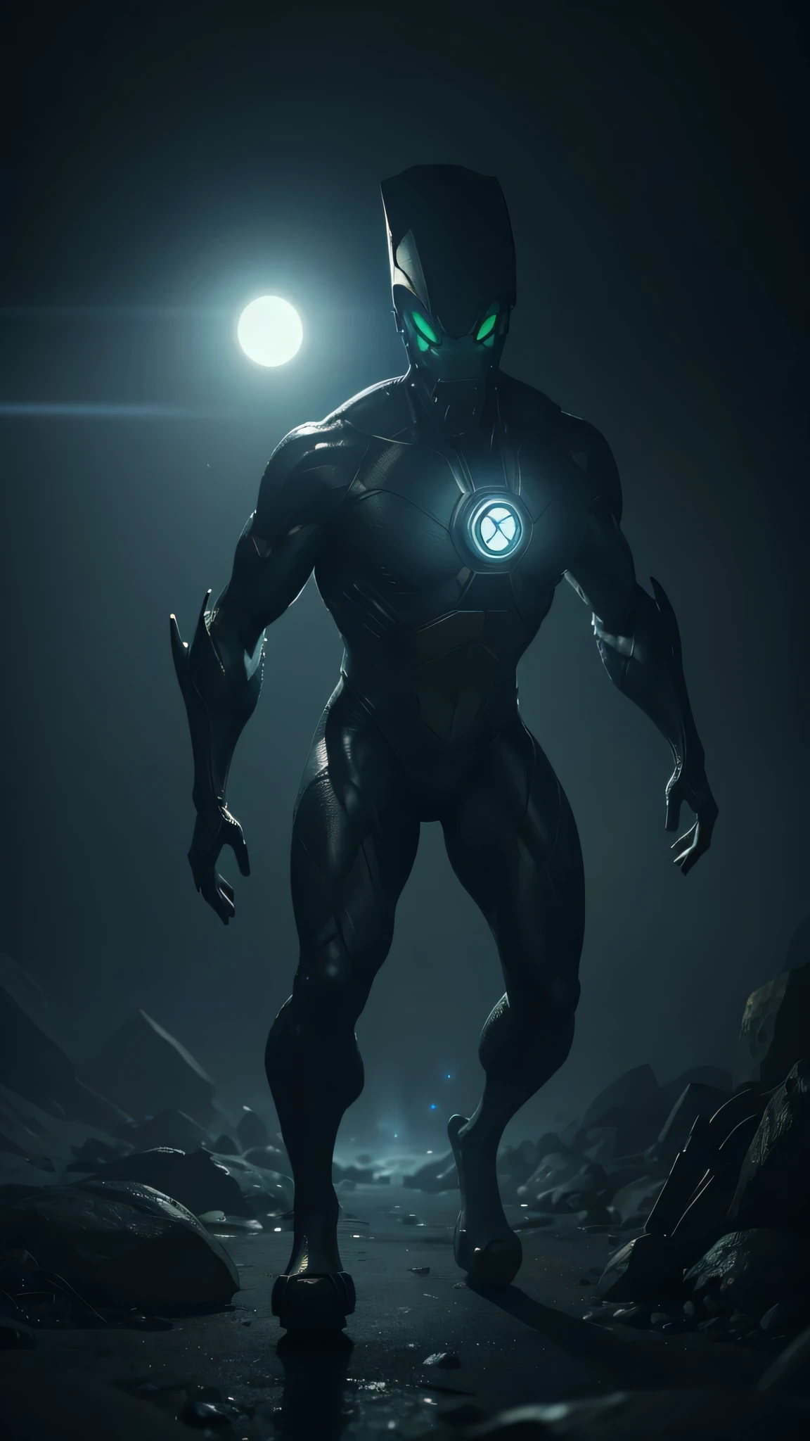 a alien his home planet, a Device glowing on his chest, full body, realistic, highly detailed, hyperrealistic, 8k, cinematic lighting, volumetric fog, dramatic atmosphere, stunning colors, intricate details, incredible textures, photographic quality, masterpiece