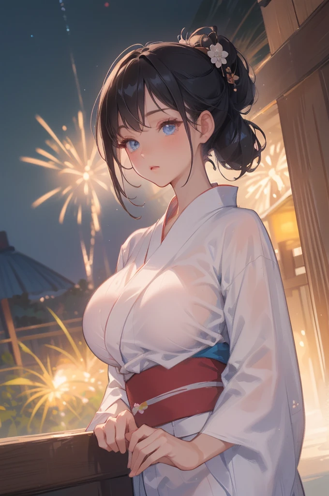 ((Big Breasts:1.3))、((yukata:1.3))、((( black hair up :1.9、  blue eyes)))、((Summer Night))、((Big fireworks in the night sky))