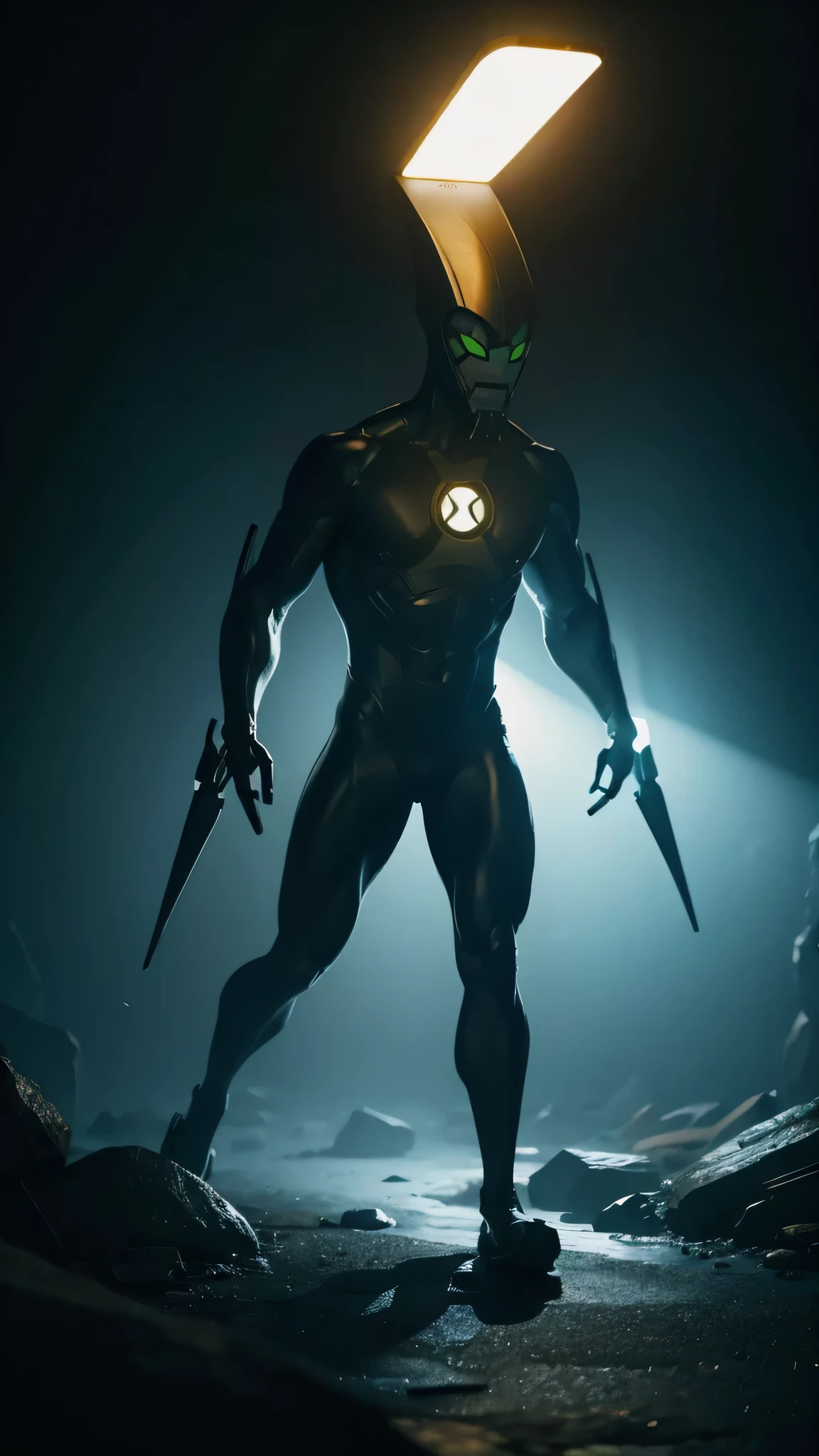 a alien his home planet, a Device glowing on his chest, full body, realistic, highly detailed, hyperrealistic, 8k, cinematic lighting, volumetric fog, dramatic atmosphere, stunning colors, intricate details, incredible textures, photographic quality, masterpiece