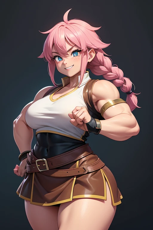 beautiful dwarf girl, solo female, dwarf DND female, action pose, highly detailed hands, freckles, pink hair, long braid, hazel eyes, medium sized chest, muscled, athletic, sexy armor, short stature, black armor, wide shoulders, sexy mini skirt, short woman, smile, adventurer gear, fighter, muscled abdomen, sexy abdomen, curvy body, muscled biceps , happy expression, masterpiece, action pose, highest detail, anime, dragon ball style.