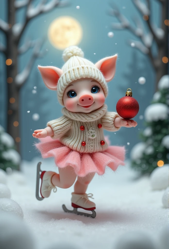  -Figure , Wool, Felting ,  handmade - super cute ,  super cheerful funny pig - Chibi  ( correct anatomy )in a pink tutu and  on skates  in a white hat and knitted sweater with beads, with big blue eyes,  on skates ,  holding a red Christmas ball ,Forest,Snowflakes,Mond, white dots - studio photo  , micrography . filigree ,Shadow, New Year's spirit 