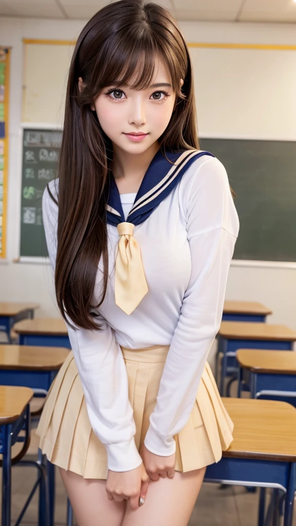 Realistic high school girl wearing a black sailor suit,Brown hair,soio,Classroom