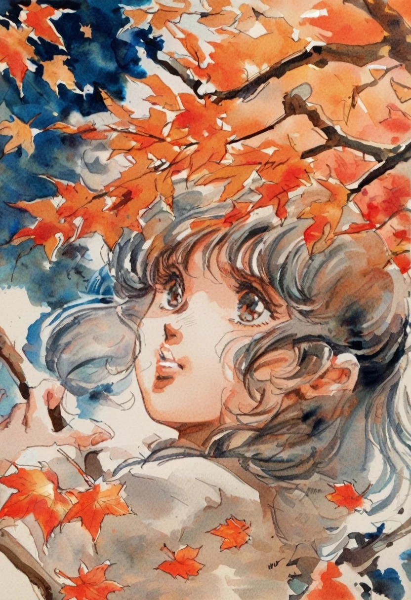  masterpiece，Best Quality， high definition， Closeup . One young girl,  Bored look, is very beautiful, Ridiculous traditional media ，watercolor，1980， autumn park， fall leaves for vaginal discharge，Strong winds，