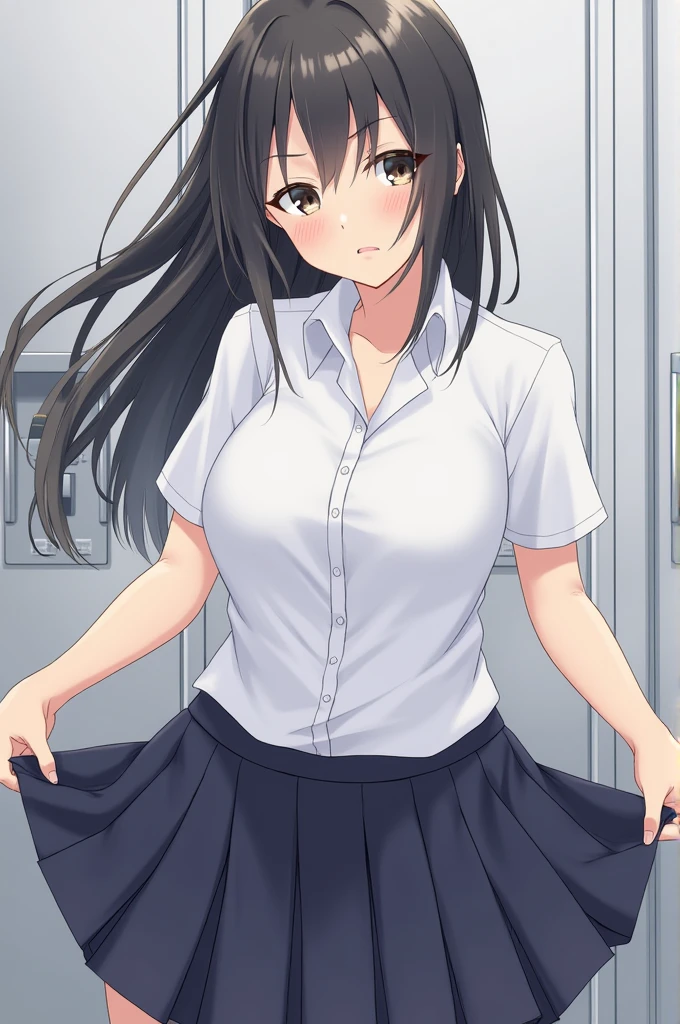 ((happy, seductive eyes)), kouhai, looking at viewer, full body , facing viewer:1, close-mouth, seductive chibi face:1.1, ((skirt lift, spread pussy, spreading pussy, presenting pussy, cum in pussy:1.2)), centered, from below, open mouth, drooling, black and white, dark hair, nsfw, bedroom, spread legs