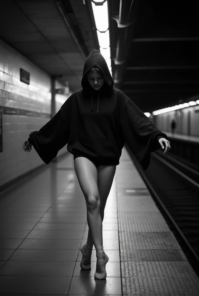 This evocative black-and-white photograph captures a striking juxtaposition between urban grit and the delicate elegance of ballet. A lone dancer stands poised on a subway platform, specifically at the "Cooper Union" station. She wears a dark, oversized hoodie that drapes loosely over her upper body, shrouding her in an air of mystery and anonymity. The hood is pulled over her head, casting a shadow across her face, which is tilted downward, creating an introspective, almost melancholic mood. The oversized hoodie obscures her torso, emphasizing the contrast between her covered upper body and her exposed, muscular legs, which are sculpted from years of intense ballet training.

The dancer balances gracefully en pointe, her weight centered delicately on her toes, a position that requires immense strength and control. Her legs are long and lean, revealing the defined muscles characteristic of a seasoned ballerina. Her stance is remarkably poised, blending the discipline of classical ballet with the raw setting of the subway platform. This image reflects a duality: the refined art of ballet set against the rugged, utilitarian backdrop of the city’s underground transport system.

The subway platform curves away in the background, leading the viewer’s eye down a long, dimly lit tunnel that stretches into the distance. The high-contrast lighting adds a dramatic quality, with harsh fluorescent lights illuminating the edges of the platform and casting deep shadows along the walls and floor. The lighting captures every detail of the gritty subway tiles and the concrete surfaces, providing a stark contrast to the dancer's smooth skin and graceful form.

The overall atmosphere is haunting and surreal, as if the dancer exists in a world apart from the bustling city above. There’s an intriguing sense of solitude, as she appears to be the only person on the platform, suspended in a moment of silent reflection or inner conflict. The photograph conveys a mix of  cinematic lighting