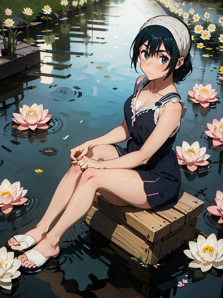  1 girl, Alone, beautiful, cute, Perfect girl figure , Open chest,  short western dress , blush, full body,  petals, beautiful background,  clevis, ,  dipping her feet in shallow water,  lingerie, lotus flower and  petals in water,   from the front ,  holding a lotus in her hand , Rural Village,  sitting near a pond watching a lotus in her hand 