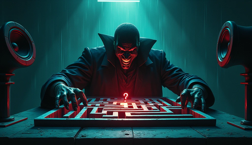 Make a chessboard by flying pieces everywhere, highlighting a bomb exploding in the center of the board. place your face as if it were a shadow behind the smoke. put a bomb in his hands. Take this guy's face and put it as if it were a pixelated face. Make the smoke bigger and put a smile the same color as the eyes