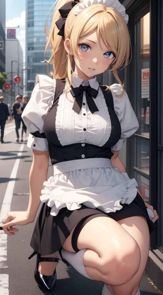 ((highest quality、High resolution、8K、masterpiece:1.3))、1 girl、unparalleled beauty、ultimate beauty、super detailed face、delicate eyes、smile、sexy look、Depth of the bounds written、light particles、side light、((blonde、maid、maid服、white panties))、(((expression of ecstasy、Looks embarrassed、Making sexual advances in a busy public place、invite to sex、I'm inviting you to have sex)))、perfect body、beautiful breasts、nipple、tits、Thighhighs、thighs