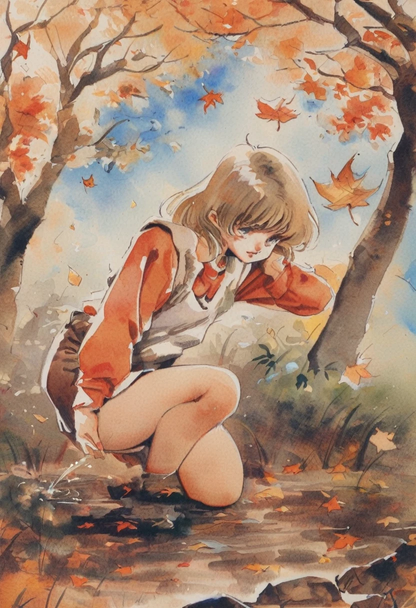  masterpiece，Best Quality， high definition，One young girl，Bored look, is very beautiful, Ridiculous traditional media ，watercolor，1980，Animation Style， autumn park， fall leaves for vaginal discharge，Strong winds，