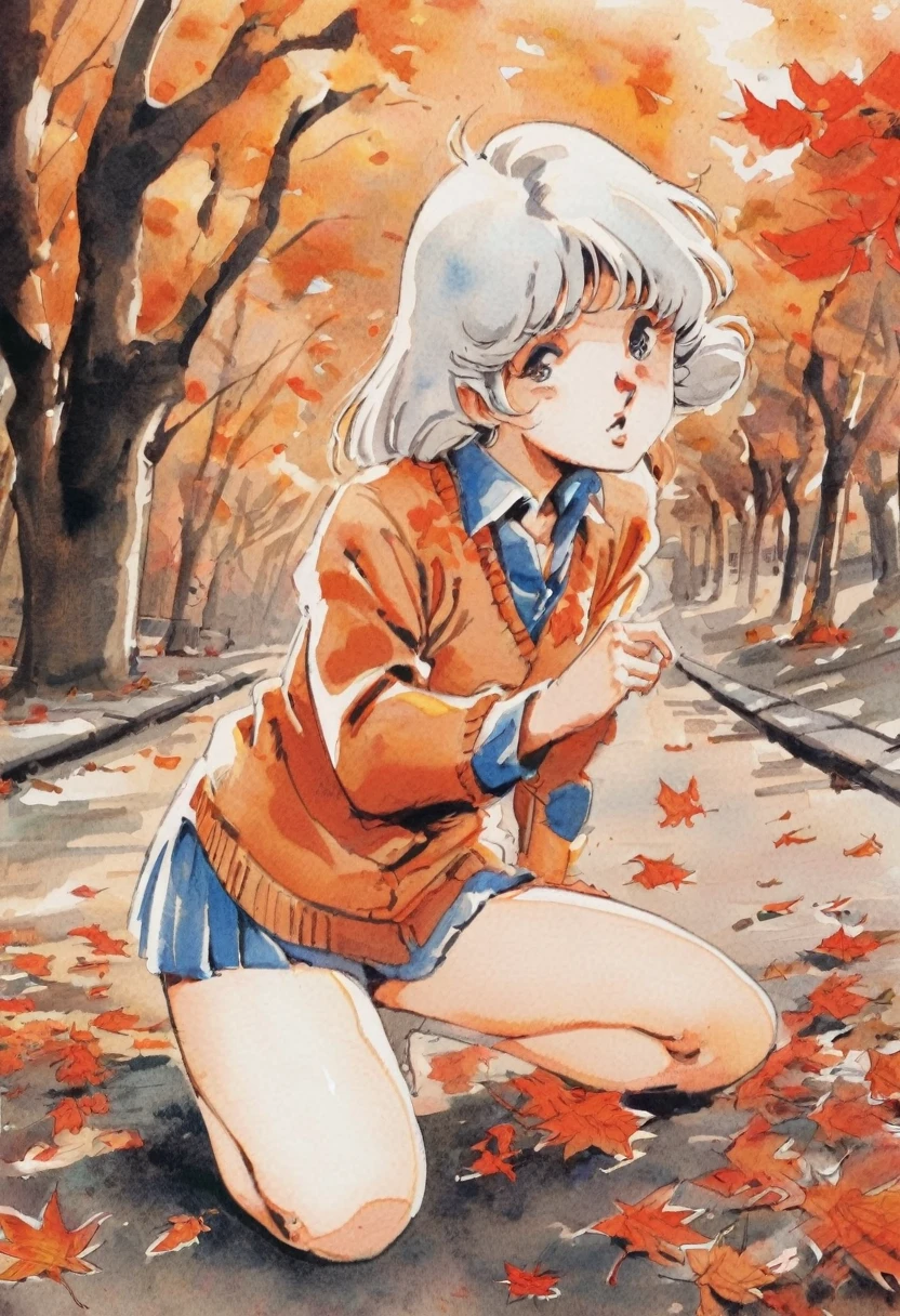  masterpiece，Best Quality， high definition，One young girl，Bored look, is very beautiful, Ridiculous traditional media ，watercolor，1980，Animation Style， autumn park， fall leaves for vaginal discharge，Strong winds，