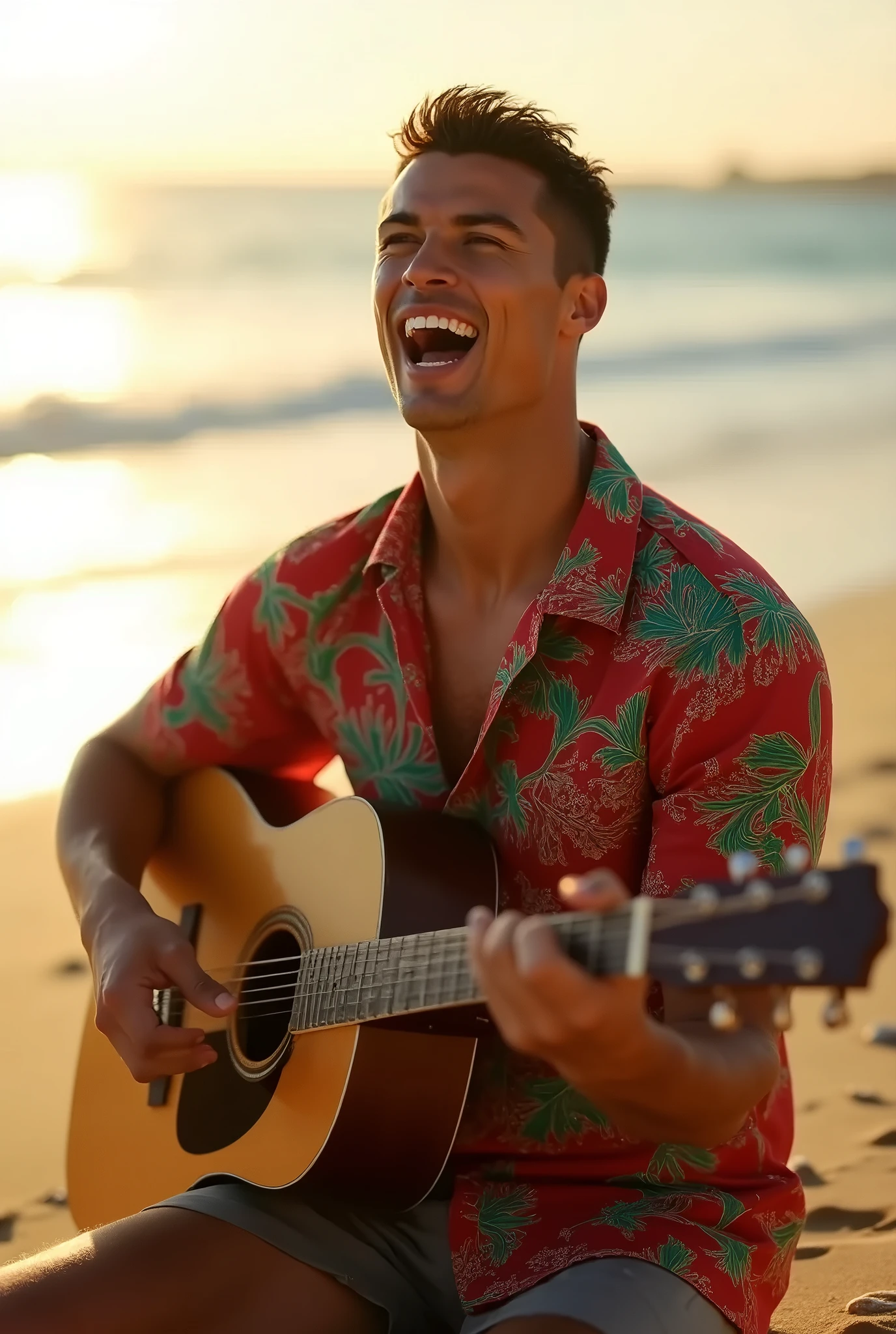 A young Japanese man standing in a swimsuit playing an acoustic guitar