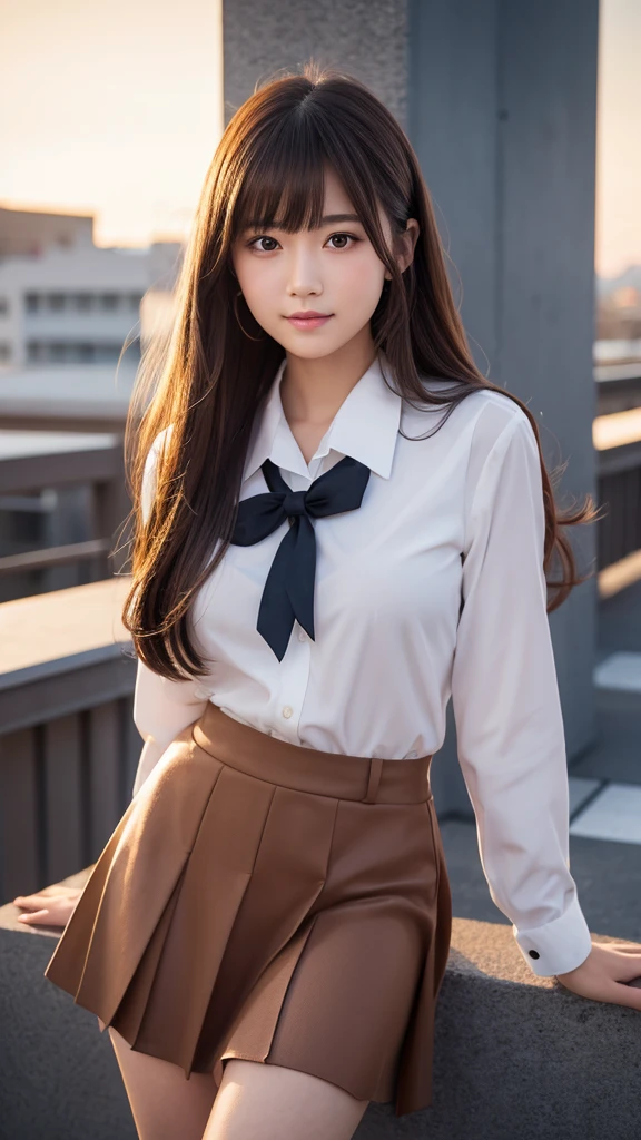 Best-quality, Masterpiece, Ultra-High-Resolution, (Photorealistic:1.4), Raw-Photo, 1girl, the most famous Japanese actress, wearing school-uniform and pleated skirt, (extremely beautiful face like the most popular Japanese actress, ((extremely beautiful big-eyes)), extremely beautiful hair, extremely beautiful skins), extremely beautiful long-eyelashes, extremely beautiful lips, extremely beautiful hip, extremely beautiful thighs, upturned ass, dynamic-pose, innocent-smile