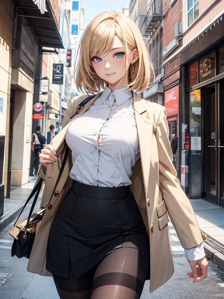 ((masterpiece, best quality:1.4)), illustration, 8k, hd, cowboy shot, anime style, detail face, detail eyes, rich girl, city, brown shirt, brown coat, brown trousers, (massive boobs), long white hair, brown eyes, mature, sad, ((lifeless eyes, bland eyes)), depressed