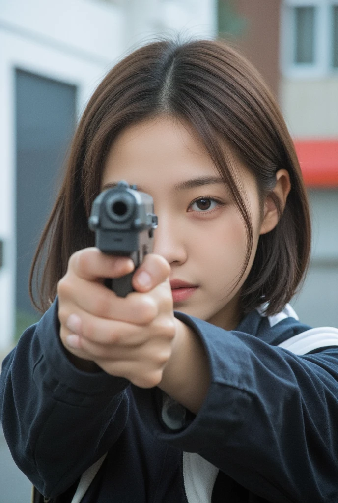 The girl is aiming the gun. Her face is very innocent and pretty Korean girl. Her outfit is a half naked in a jacket. The photo contains her upper body.