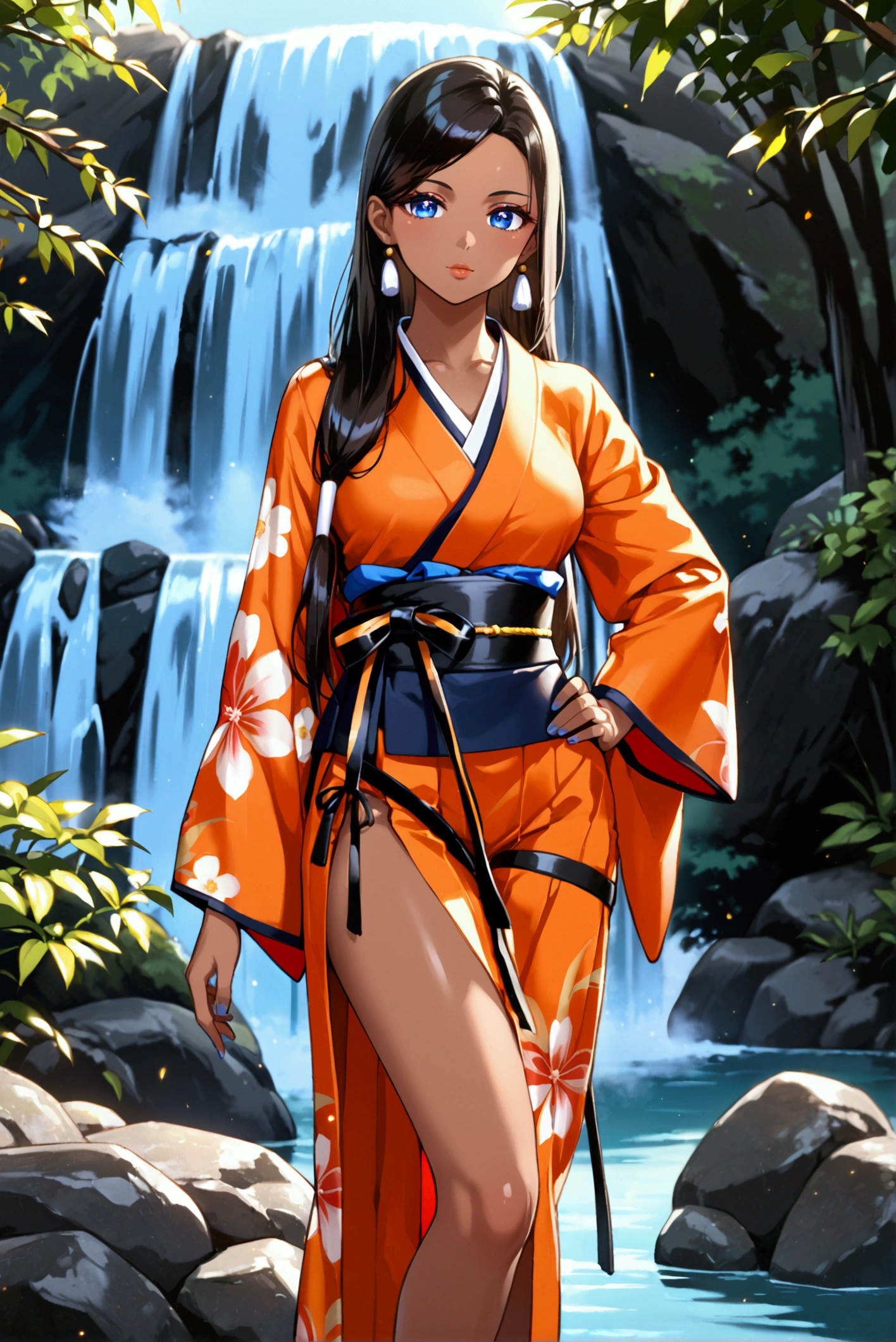 Masterpiece, highest quality, realistic, (((Tanabata: 1.8)))), ((Star Festival: 1.5)), (Orihime in a yukata and waiting for her with long black hair and a large star-shaped hair ornament and looks sideways at the viewer with a lonely expression)))), (((Galactic stars in the dark night sky)), 20 years old, full body, photorealistic, ((leans on bamboo with a large amount of thin colored paper)), calf, barefoot
