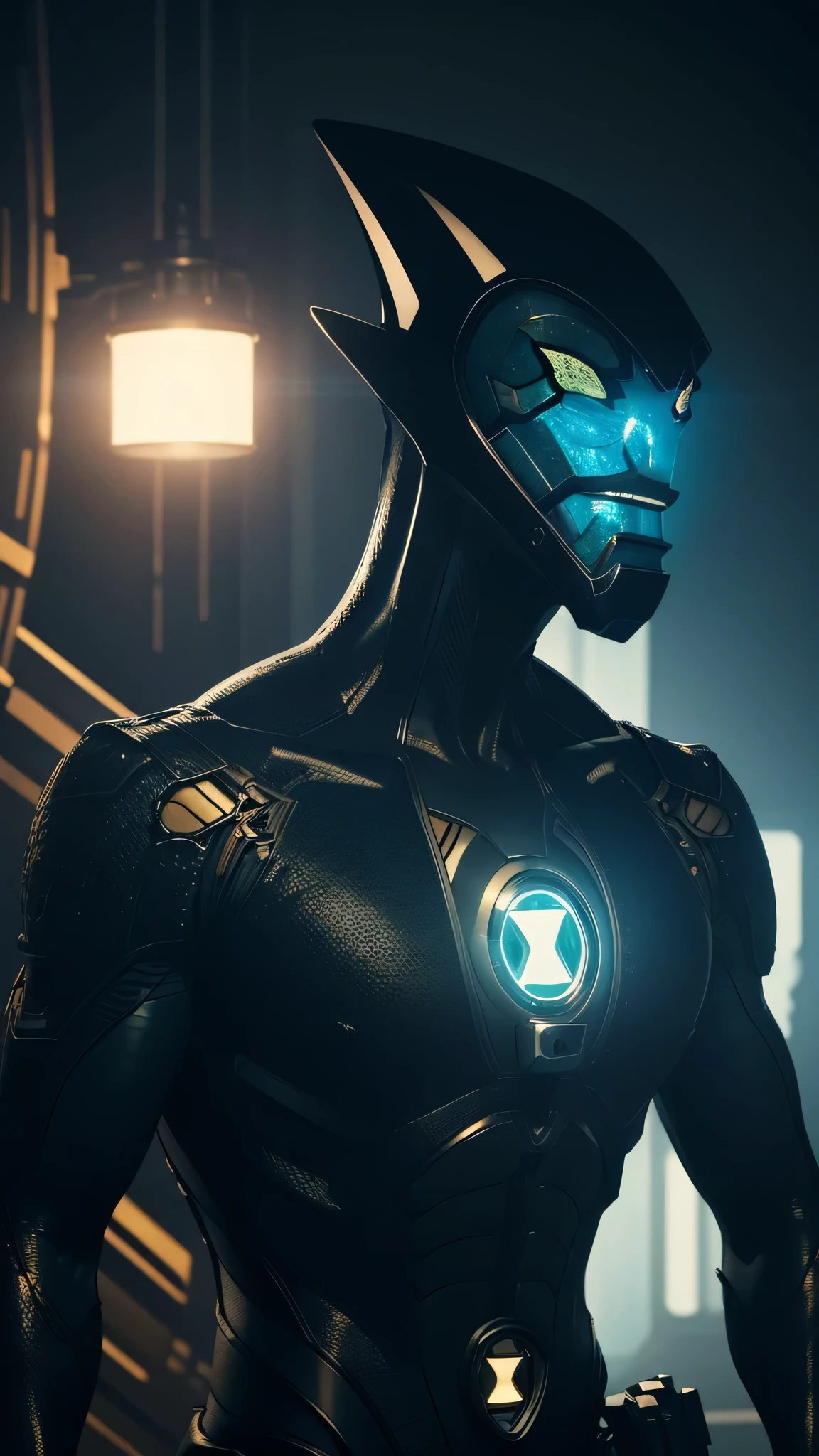 a alien on a beautiful planet, detailed face, intricate machinery, cinematic lighting, highly detailed, photorealistic, ultra detailed, 8k, hyper realistic, dramatic lighting, intricate details, futuristic, sci-fi, concept art style, vibrant colors, a device glowing on his chest glowing 