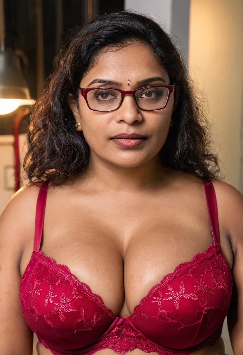 indian woman with slim face, specs on head, tield hair, closeup, chubby, dark red bra, lace bra, restaurent,looking away, dark, night, milf, matured