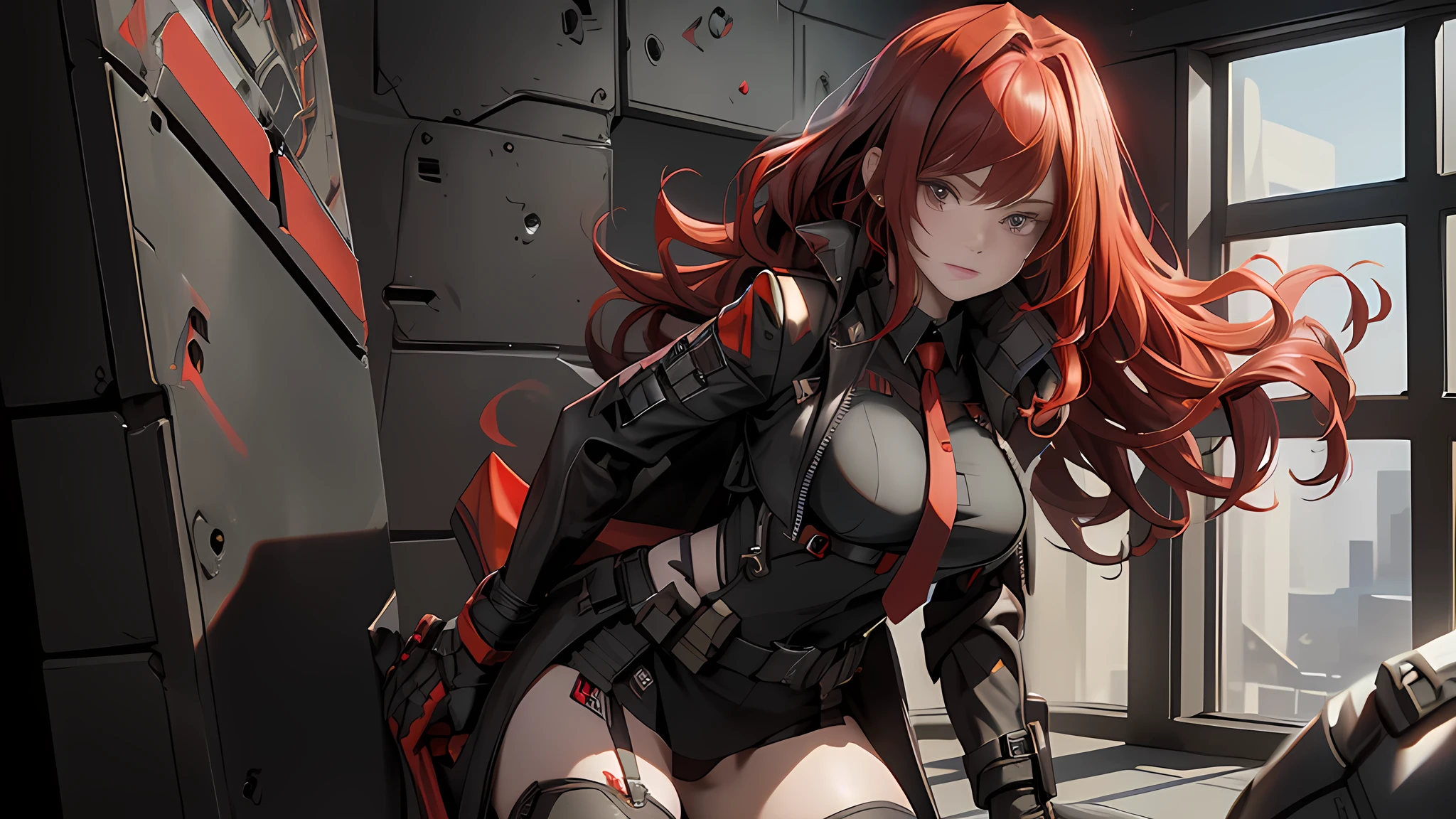 ((Best quality)), ((masterpiece)), (detailed:1.4), 3D, an image of a beautiful cyberpunk female, long burning red hair, burning hair, light brown eyes, red Barret, Black Soldier Shirt, Black under cloth, black panty, Grenade belt, Big chest, Big thigh, High thigh black knee sock, full view of girl, battlefield background, black combat boot, red necktie, black glove, black combat suit, black jacket, black cloak, black panty, ammo belt, HDR (High Dynamic Range),Ray Tracing,NVIDIA RTX,Super-Resolution,Unreal 5,Subsurface scattering,PBR Texturing,Post-processing,Anisotropic Filtering,Depth-of-field,Maximum clarity and sharpness,Multi-layered textures,Albedo and Specular maps,Surface shading,Accurate simulation of light-material interaction,Perfect proportions,Octane Render,Two-tone lighting,Wide aperture,Low ISO,White balance,Rule of thirds,8K RAW,