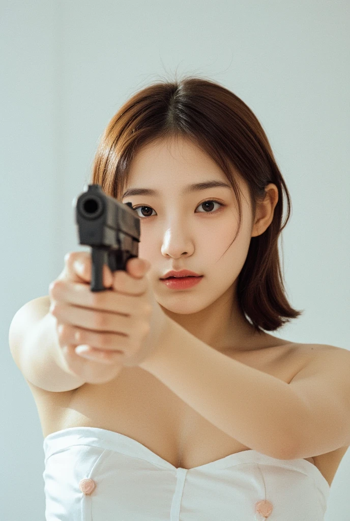 The girl is aiming the gun. Her face is very innocent and pretty Korean girl. She is naked. The photo contains her upper body.