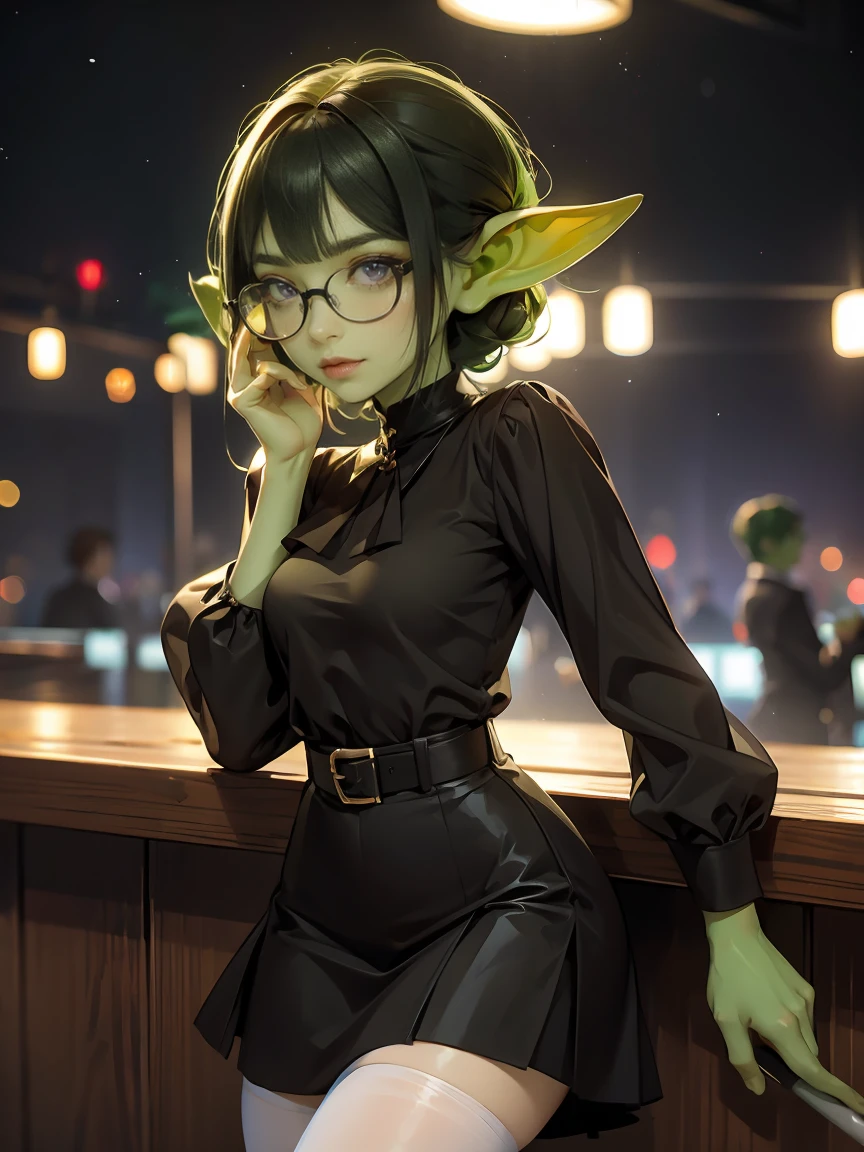 ((best quality)), ((masterpiece)), (detailed), perfect face, ((green skin)), pointy ears, very shy, tiny breasts, wearing black rimmed glasses, short dark hair, wearing white blouse and black skirt and black pantyhose and back pumps, (night outside), cleavage, having drinks at a karaoke bar, smiling, a little bit drunk