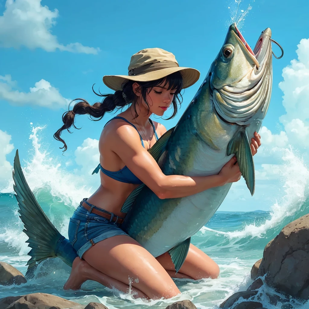 A fisherGIRL, WITH A HAT ON HEAD, hugs huge fish and removes hook from its mouth, background with blue sky, fisherGIRL kneeling with one leg on rocks, body expression showing great effort to pull the fish in, sweating a lot and lots of waves, the fisherGIRL is a and muscular