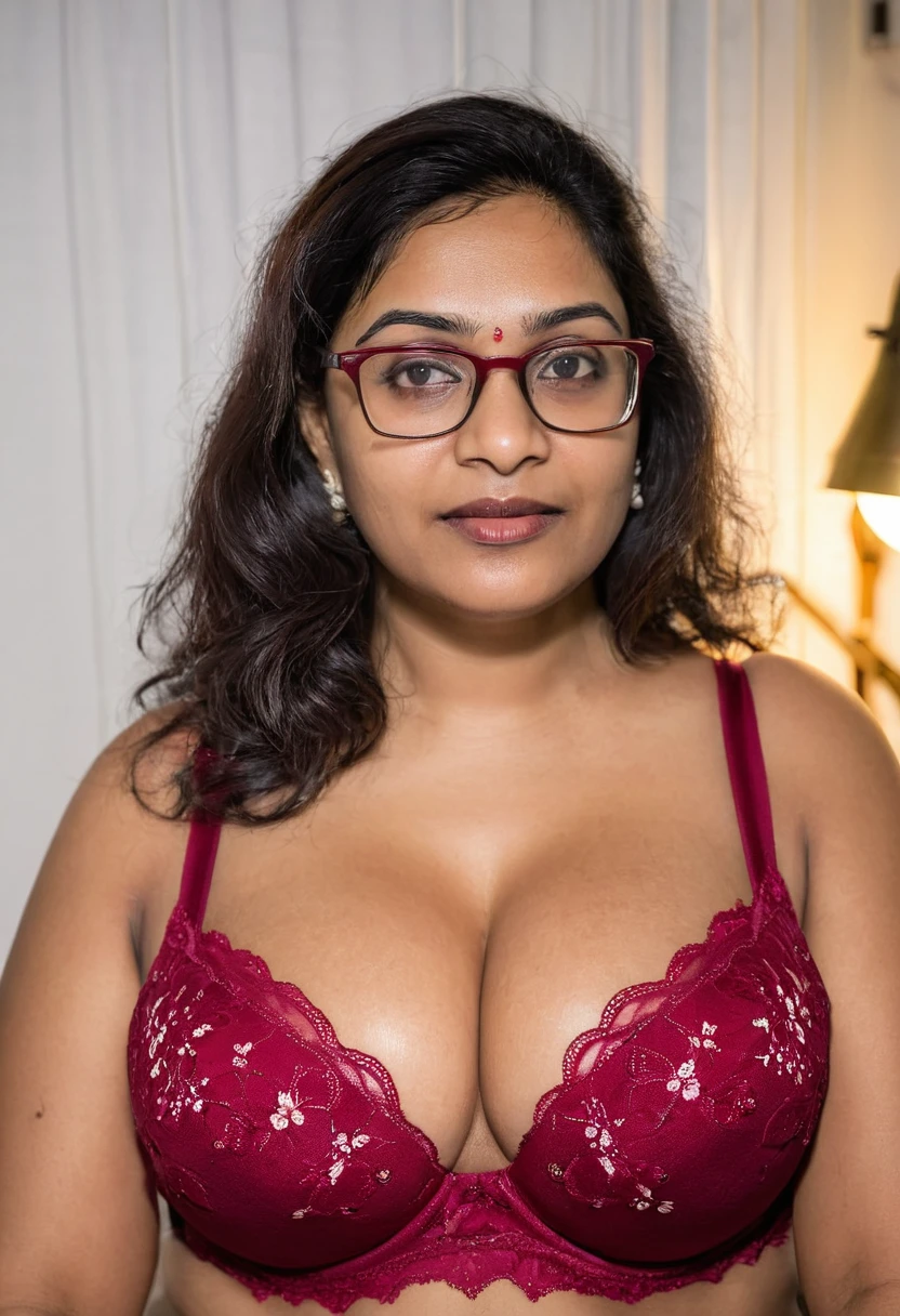 indian woman with slim face, specs on head, tield hair, closeup, chubby, dark red bra, lace bra, restaurent,looking away, dark, night, milf, matured, flowers, bending over