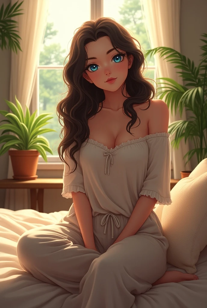 (anime styled), beautiful woman, sitting on bed, wearing loose off-shoulder top, pajama pants, long curly hair, indoors, soft lighting, plants in background, window with sunlight, cozy room, relaxed pose, realistic, intricate details, warm colors, by Greg Rutkowski, by Alphonse Mucha