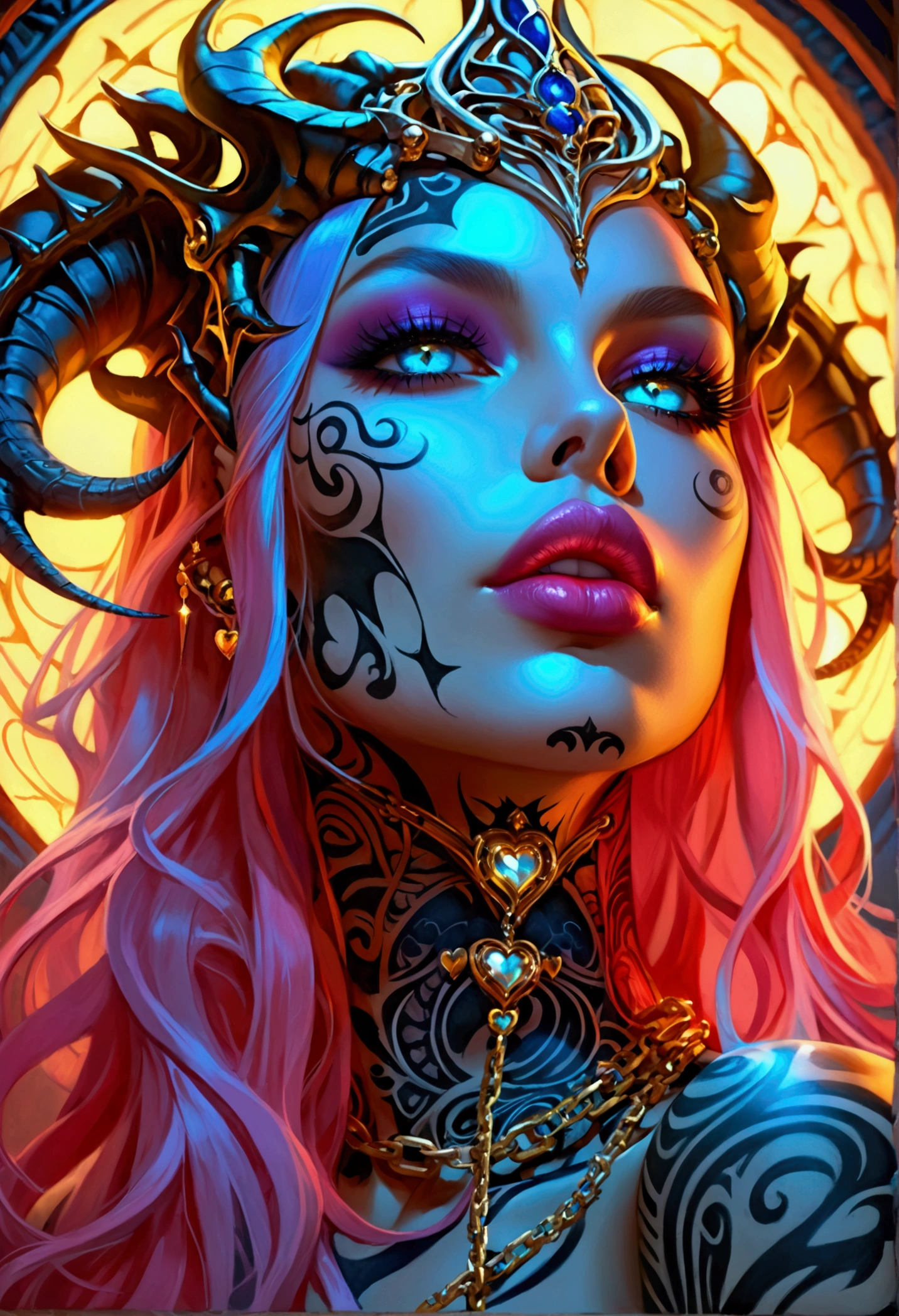 beautiful digital artwork, beautiful digital art, detailed beautiful face, 10k high quality detailed art, very beautiful digital art, digital art. highly detailed, beautiful detailed body, illuminated by a circular light that frames her head Create a hyper detailed photograph of a model perfectly simetrical hr giger tattooed curved drop dead gorgeous demone queen, Stunningly perfect gorgeous feminine face, realistic makeup, detailed vibrant neon sapphire eyes, long flowing hair, Gentle facial curves, Fuller cheek bones, Smaller and wider-set eyes, Less pronounced jawline, Symmetry perfection Proportion facial features, sexual curved heart shaped mouth, long beautiful tattooed legs, beautiful tattooed arms, perfect feminine curved body figure, detailed perfect silky skin texture, perfectly full round breasts, perfect heart shaped ass, beautiful long tattooed legs, full body, full view, fullbody pose, demon queen outfit chain Jewels, highlighted by a soft glow that enhances the dreamlike atmosphere.",