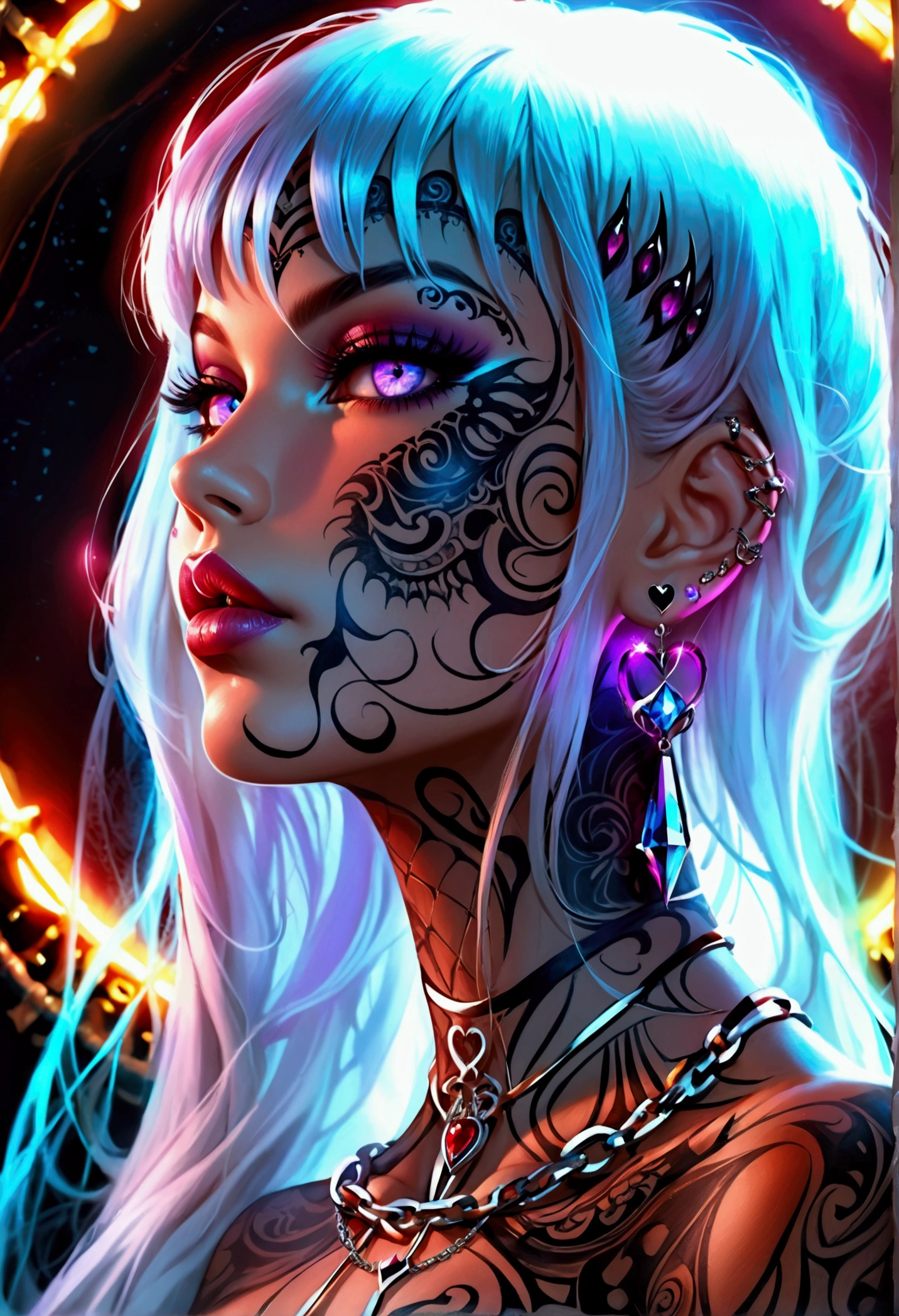 Create a hyper detailed photograph of a tattooed muscular young sexy female deathknight, Stunningly perfect gorgeous feminine face, perfect makeup, detailed vibrant neon eyes, long flowing hair, big beautiful muscular legs, big beautiful muscular arms, perfect hour glass body figure, detailed smooth skin, large breast, perfect round ass, complete full body view,