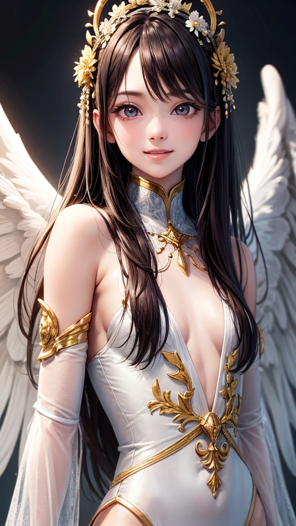 castle in the distance、face is in front、look at the camera、profile、8K、real photos、ultra high resolution, master parts, highest quality, ticker , cinematic images,nice girl、Ann、16 only、Annグロサクソン、double eyelid、droopy eyes、very big eyes、eyes are purple、dark eye shadow、lips are very thin、The tip of your nose grows beautifully...........................................、small nose,,,,, very detailed , silver hair、straight short hair、smile、 sweet expression 、)、very clear shadows , jewelry , fine eyes, Very difficult, shiny skin , パーフェクトブリリAnnト, perfect sentence, dramatic shadow、white tiara on head、Gold necklace around the neck、White aristocratic dress with gold embroidery、glass high heels、angel wings