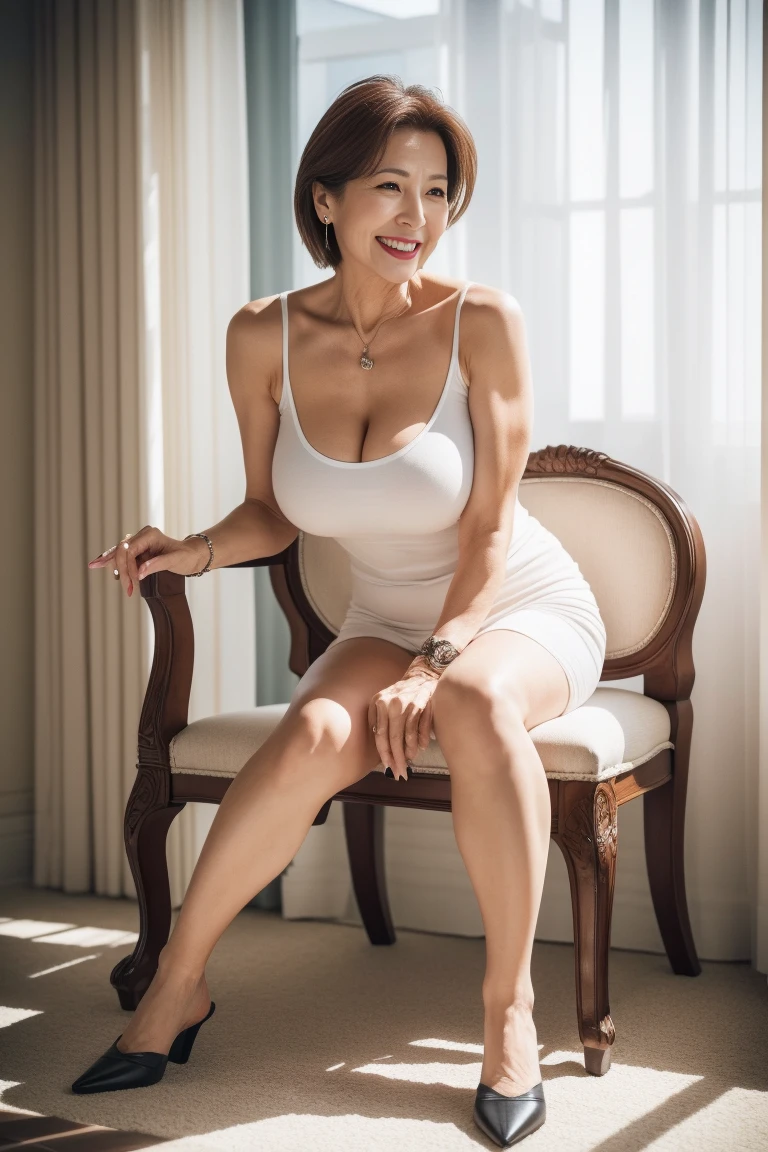 Mature attractive woman in her 50s,1 person, body con , Thigh to Face ,Big Breasts, miniskirt,Sitting on a chair,Laughter,,最 high quality, 8k, Vibrant,  sharp concentration,  high quality,  high definition, whole body、 elegant、Beautiful woman,  mature woman opening a millimeter,