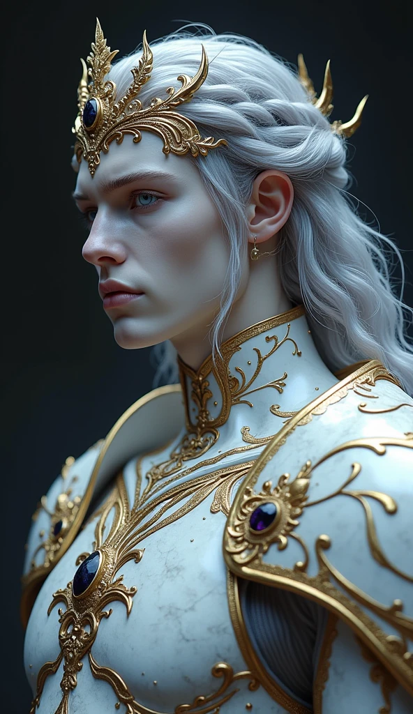 A men with long white hair, with a muscular body, white skin and a handsome face, with blue eyes, Albino, Beautiful and attractive, with well-detailed and HD face, He is guardian, Sexy