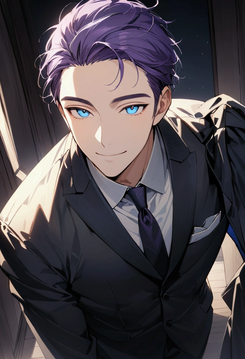 whole body、Character portrait、male、masterpiece、Handsome、The forehead is visible、1 man,  purple Hair、Worn suit、Jacket、Give bangs、Showing his forehead、Handsome、Intricately drawn eyes、good looking、((blue eyes)), 30 years old, handsome male, beautiful smile