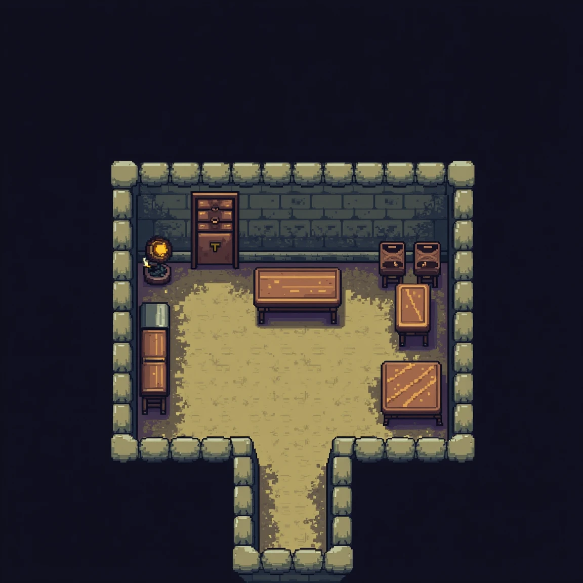 Top-down pixel art of a dungeon room, flat walls with shadows directly beneath items like chests and tables.