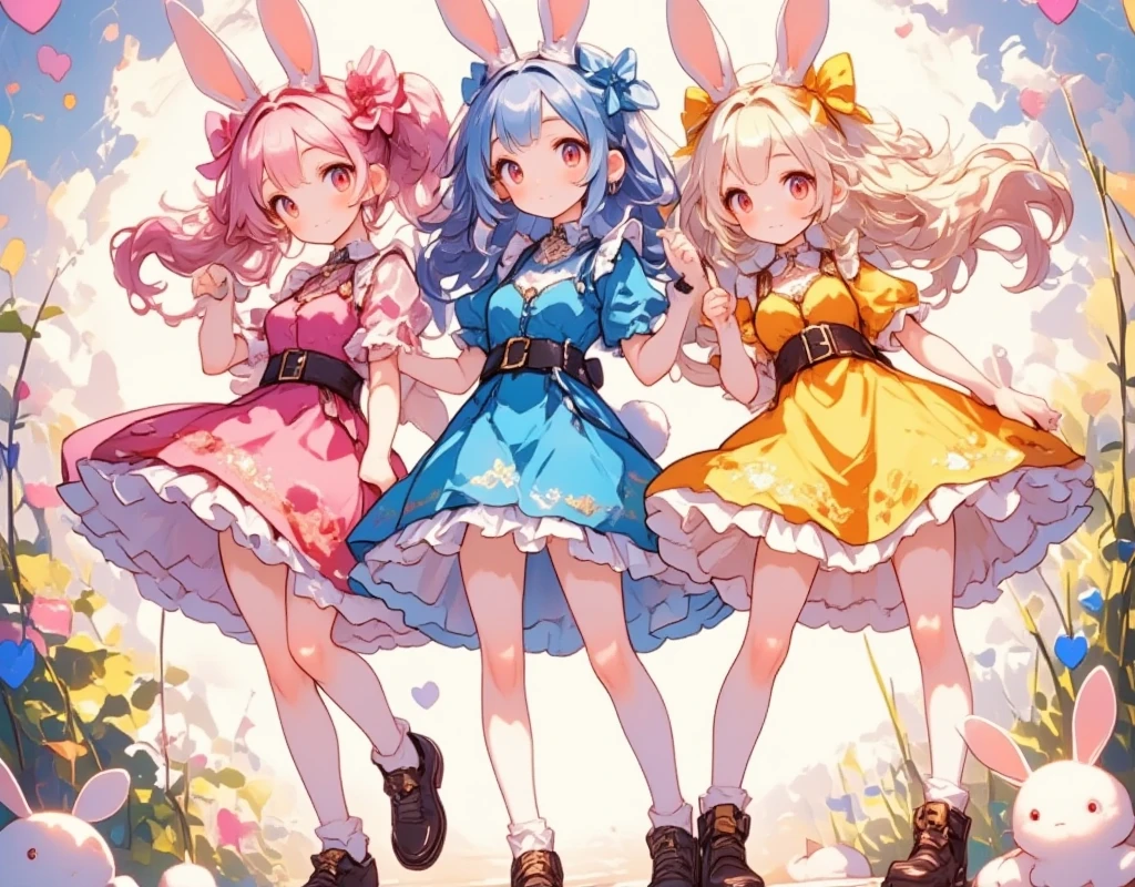 Three Girls\(cute,cute, とってもcute, Pink Hair,  blue hair  , Blonde, ,  very long hair  ,bangs,\( fluffy white rabbit- \), bunny tail, red eyes, Big Eye,  beautiful sparkling eyes  ,White skin,Big hair ribbon,  pink ruffle dress  ,  Blue Frilled Dress  , yellow ruffle dress  , Chest,full body\),  background with lots of heart marks \( stand side by side and pull out your right leg :1.5\ place your hands on your hips:1.5, Lightly bend your hips to the side )