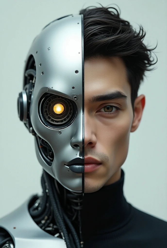The cover would feature a stylized portrait of Michael with half of his face rendered in a sleek, metallic, and futuristic style, while the other half remains organic and human, symbolizing the duality of technology and humanity.
