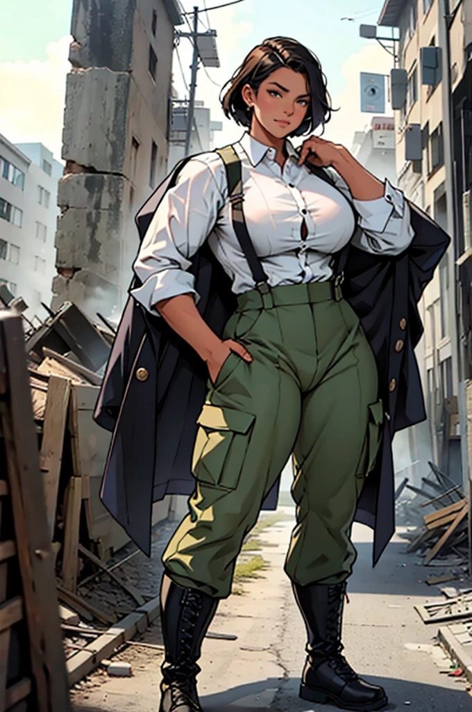 An adult woman, tall and with a ((large physique)), a ((bodybuilder)), is wearing pants and a blouse with the sleeve rolled up to her shoulder. She is wearing suspenders and boots. In her hand, she holds a large piece of wood. Posing in an attacking stance, in a setting of a destroyed city, during the time of World War I, the woman appears from the front, full body, alone in the image.