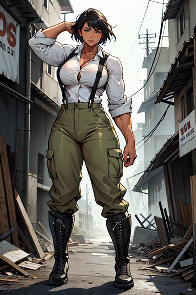 An adult woman, tall and with a ((large physique)), a ((bodybuilder)), is wearing pants and a blouse with the sleeve rolled up to her shoulder. She is wearing suspenders and boots. In her hand, she holds a large piece of wood. Posing in an attacking stance, in a setting of a destroyed city, during the time of World War I, the woman appears from the front, full body, alone in the image.