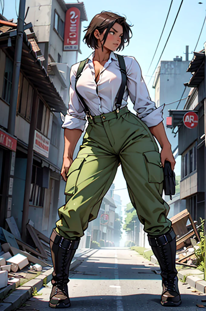 An adult woman, tall and with a ((large physique)), a ((bodybuilder)), is wearing pants and a blouse with the sleeve rolled up to her shoulder. She is wearing suspenders and boots. In her hand, she holds a large piece of wood. Posing in an attacking stance, in a setting of a destroyed city, during the time of World War I, the woman appears from the front, full body, alone in the image.