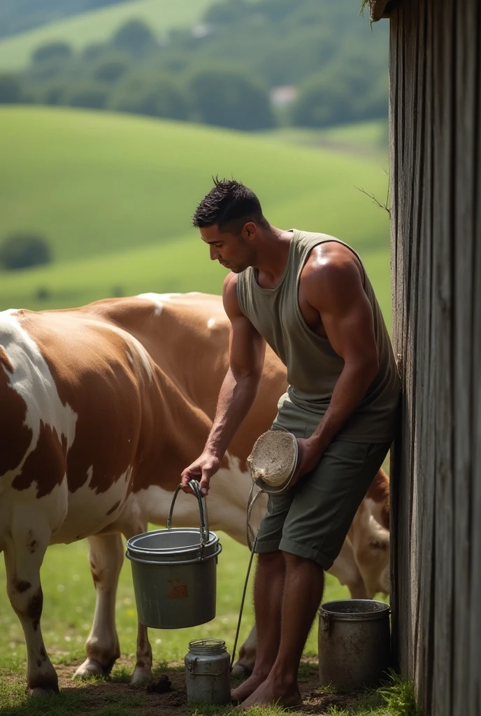 Handsome man collecting milk in the field without a shirt 