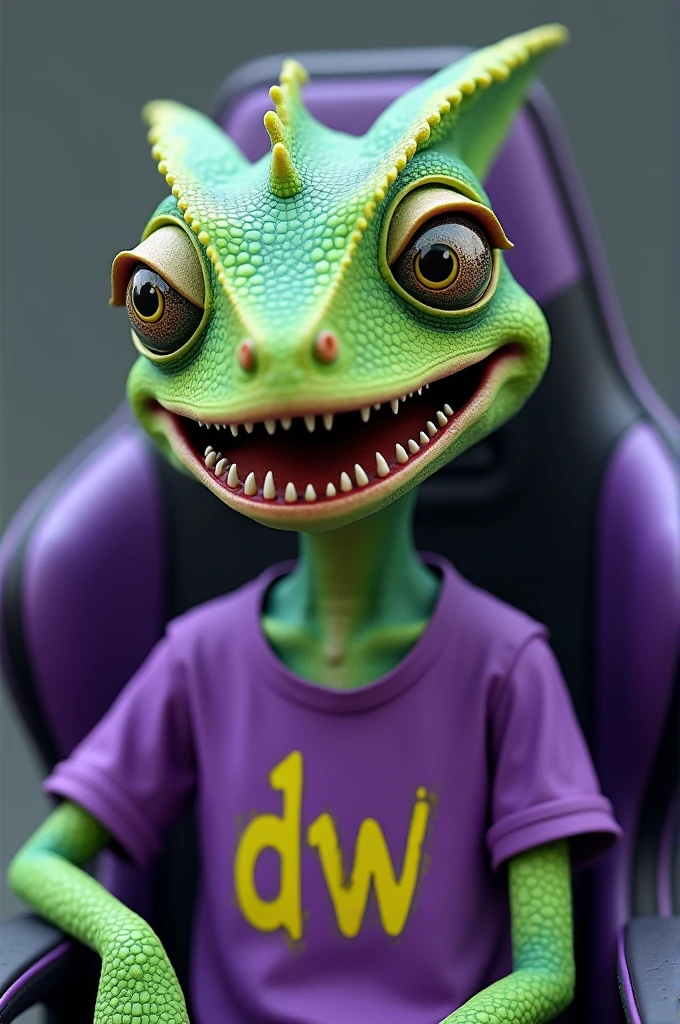 Create a highly detailed 3D character of a green chameleon character with purple accents. Professional designer sitting in a gaming chair. Wearing a purple t-shirt with "DW" printed in graffiti font. The character should be styled in the Tim Burton style, with ultra-realistic textures, especially focusing on his eyes, mouth and teeth. Holding a black digital pen. Blinking with one eye, mouth wide open. Make sure the body is fully visible, positioned full frontal, body from head to toe, with all the intricate details such as clothing textures, facial structure. The background should be a solid, neutral gray (100% gray), sharp, with no camera blur, helping the character stand out with sharp focus and high definition resolution, ensuring that every element is sharp and vivid for the best image quality.