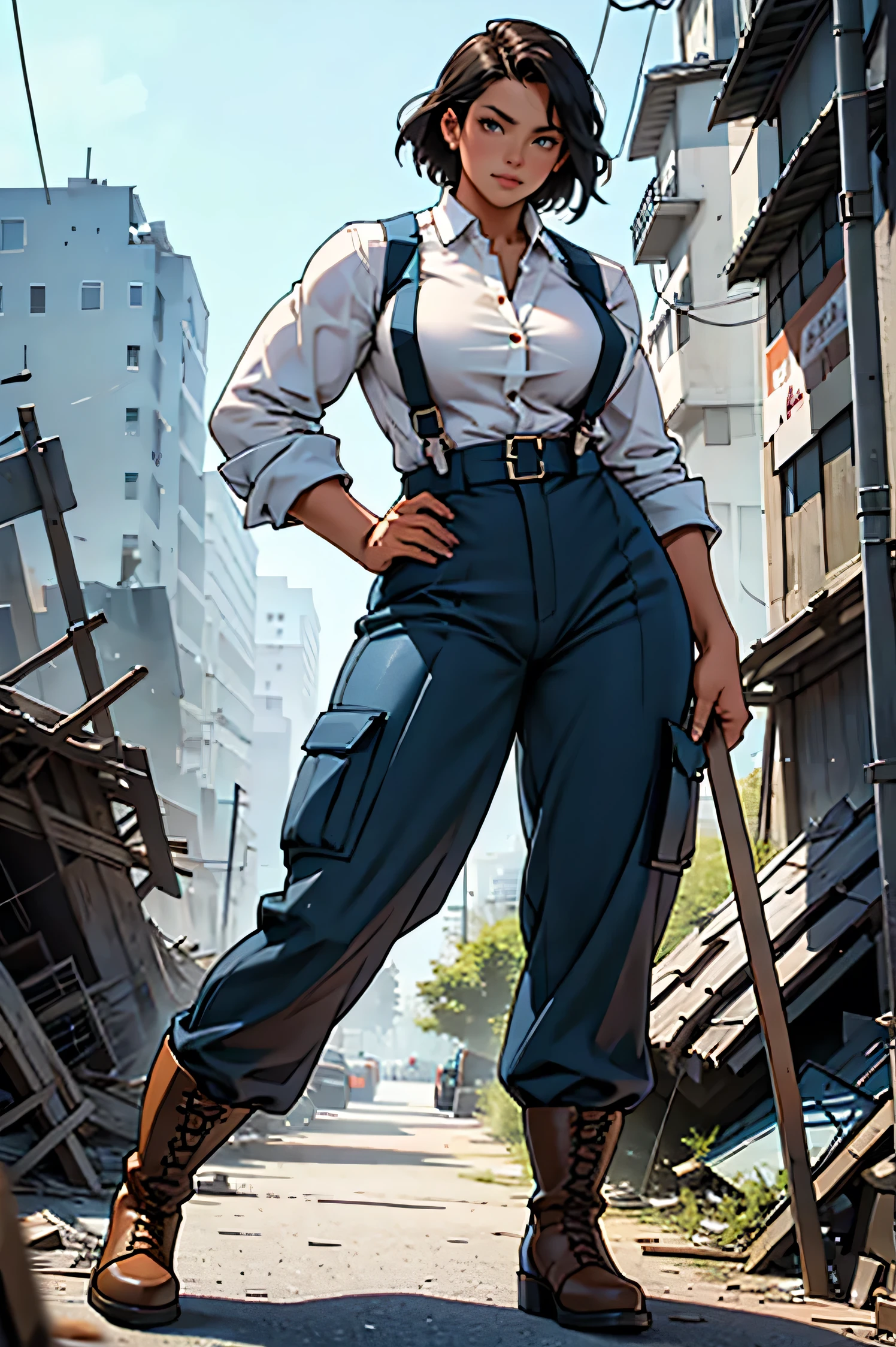 An adult woman, tall and with a ((large physique)), a ((bodybuilder)), is wearing pants and a blouse with the sleeve rolled up to her shoulder. She is wearing suspenders and boots. In her hand, she holds a large piece of wood. Posing in an attacking stance, in a setting of a destroyed city, during the time of World War I, the woman appears from the front, full body, alone in the image.