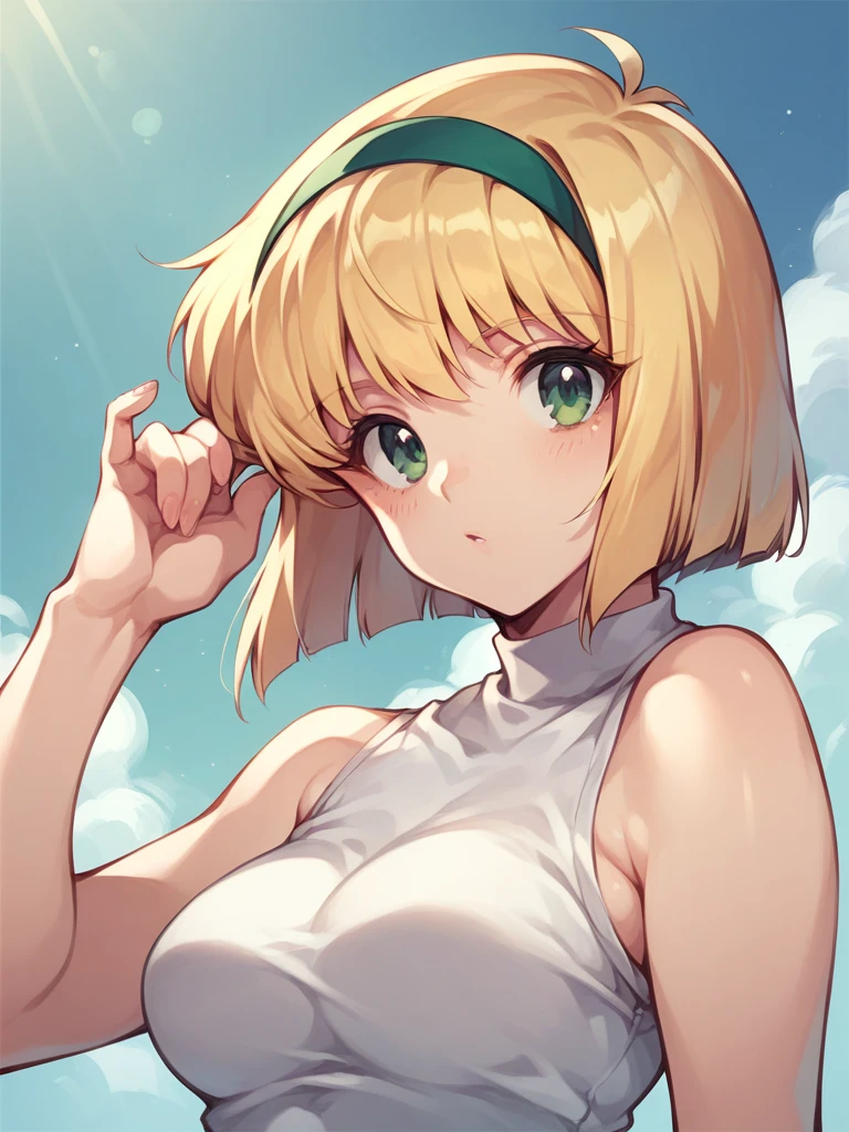 hosokowa_miki, blonde hair, short hair, green eyes,medium breasts,