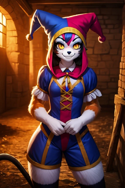 1girl, furry, anime, a furry girl in green and black jester clothes, jester hat, jester makeup, amber eyes, evil smile, holding medieval mowing hook, medieval jester clothes, detailed basement background
