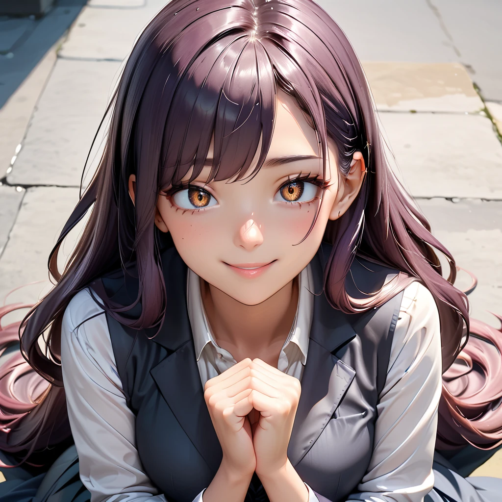 Masterpiece, 4K, HDR, full HD, (best quality), (ultra detailed), (only), intricate ANIME TYPE, best quality, 1girl, ((deep purple hair)) , hyper beautiful face, perfect anatomy, shiny skin, full body, alone, long hair, looking at viewer, perfect hands, perfect legs, super detailed clothes, intricate clothes, hyper detailed cloths, super detailed face, super detailed skin, super detailed quality, expressive eyes, brown eyes, super detailed eyes, JK, epngekatsuragimisato ,  SDXL Illustration Design Pretty Girl Two-dimensional Pretty Girl Digital Painting Comic Ukiyo-e Watercolor Manga Other,ROUGH, smile, blushing, dynamic pose, American shot, cowboy shot, portrait quality, super detailed hands, super detailed fingers, very beautiful fingers, very beautiful hands, The image created is 3/4 of the body, bright red lipstick, standing facing the viewer, stylized fingers, detailed female fingers, kneeling in front of the viewer, hands together to pray, looking from above,